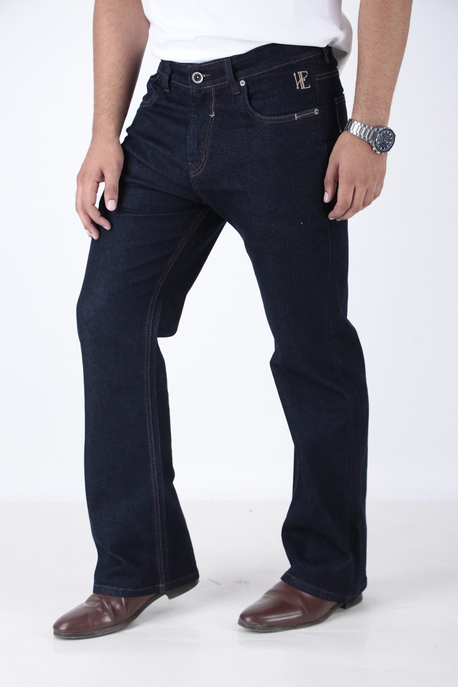 ELAROO RAW FINISH AND BURGUNDY OVERDYED  BOOTCUT DENIM DARK BLUE SHADE